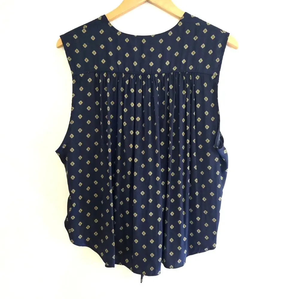 Free People Mornings In Marrakesh Navy Tie Front Sleeveless Satin Blouse Top M
